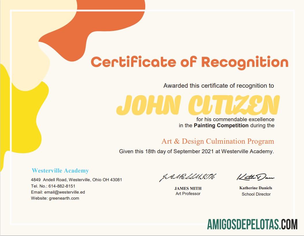 Certificado do Prêmio de Pintura dos EUA exemplo real